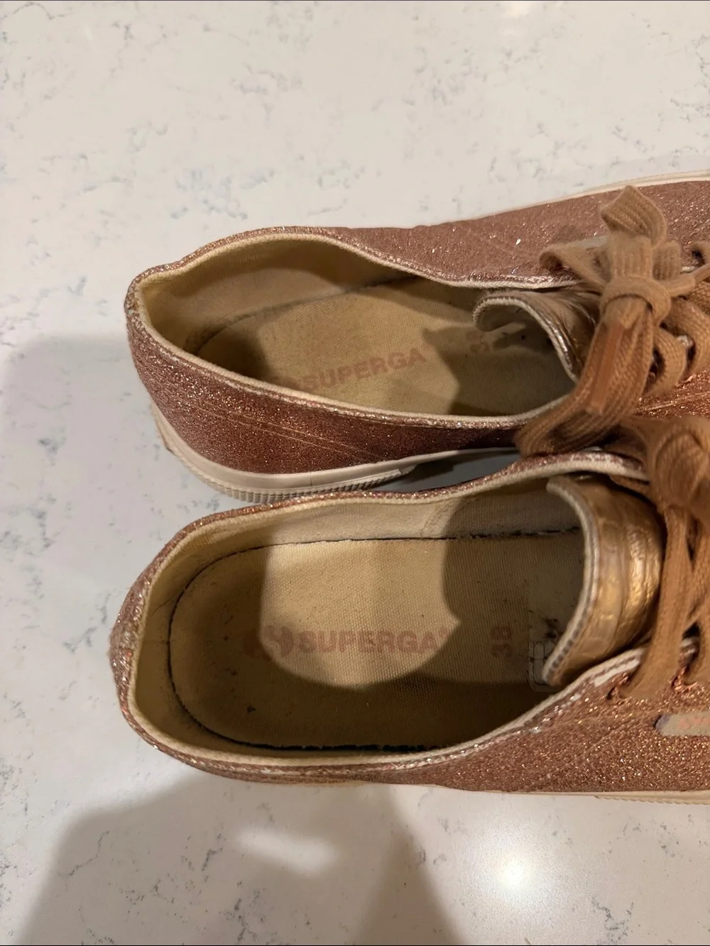 Superga Rose Gold Glitter and Metallic Lace-Up Glam Sneakers Size 38